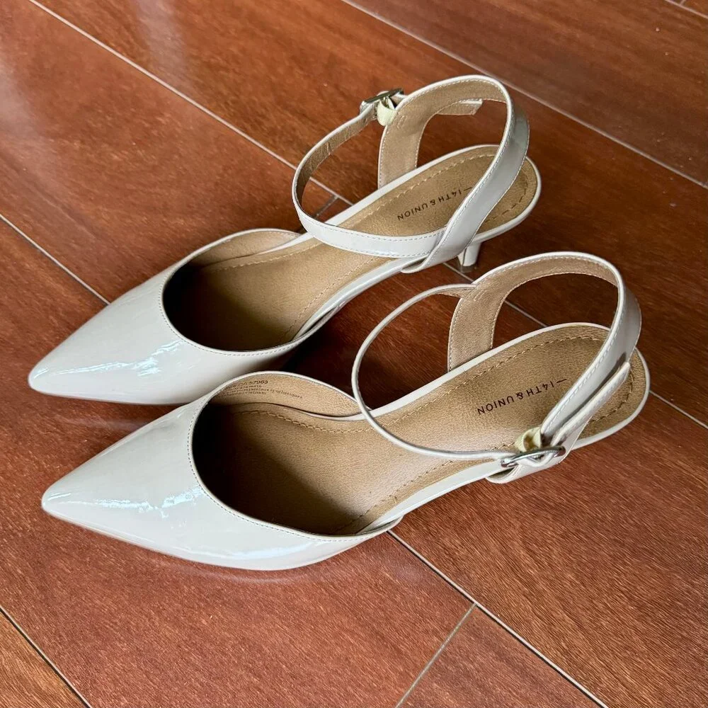 14th & Union Cream Patent Leather Pointed Toe Kitten Heel Slingback Heels 8M
